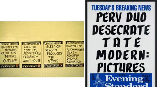 Conrad Atkinson的“Billboard”系列作品(左)，吉尔伯特与乔治的《Perv Duo Desecrate Tate Modern Pictures(2007)》(右)
