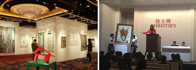 蘇富比北京2014秋拍预展现场（左）， 佳士得2014上海秋季拍卖会拍卖现场（右）